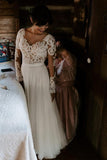 A Line Bateau Long Sleeve Rustic Lace Wedding Dresses Bridal Dress WD522 - Pgmdress