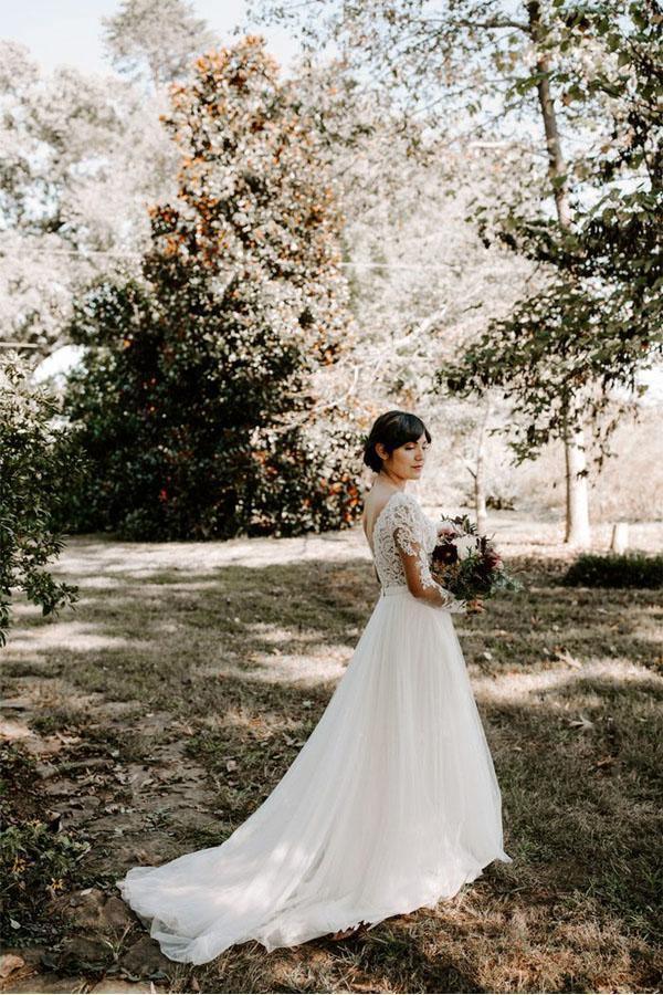 A Line Bateau Long Sleeve Rustic Lace Wedding Dresses Bridal Dress WD522 - Pgmdress