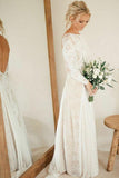 A-Line Bateau Long Sleeves Backless Chiffon Wedding Dress with Lace WD365 - Pgmdress