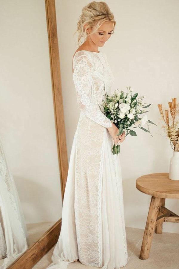 A-Line Bateau Long Sleeves Backless Chiffon Wedding Dress with Lace WD400 - Pgmdress