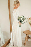 A-Line Bateau Long Sleeves Backless Chiffon Wedding Dress with Lace WD400 - Pgmdress