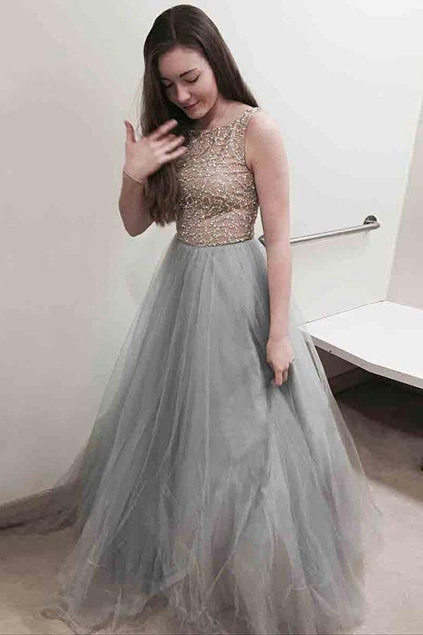 A-Line Bateau Sweep Train Grey Tulle Prom Dress with Appliques Beading PG905 - Pgmdress