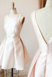 A-Line Bateau V-Back Short Pearl Pink Satin Homecoming Dress with Sash PD140 - Pgmdress