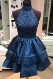 A-line Beaded Halter Neckline Satin Homecoming Dress Short Prom Dress PG166 - Pgmdress