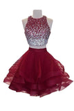 A-line Beaded Top Burgundy Organza Two Piece Homecoming Dresses PD170 - Pgmdress