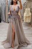A-line Beaded V-neck Tulle Prom Dresses With Slit Long Prom Gowns PG961