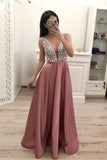 A Line Beading Satin Prom Dresses V Neck Sleeveless Cheap Prom Dress PG872 - Pgmdress