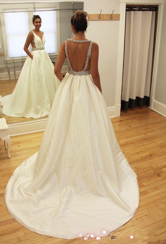 A-line Beads Sleeveless V-neck Sweep-Train Wedding Dress WD050 - Pgmdress