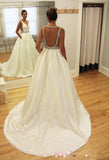 A-line Beads Sleeveless V-neck Sweep-Train Wedding Dress WD050
