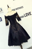 A-line Black Short Sleeves Homecoming Dresses With Lace Applique PD134 - Pgmdress