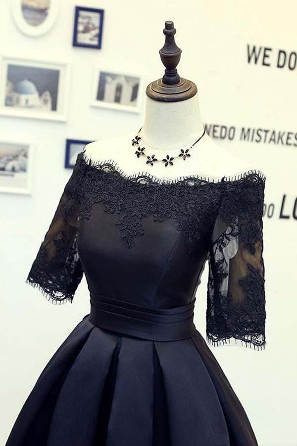 A-line Black Short Sleeves Homecoming Dresses With Lace Applique PD134 - Pgmdress