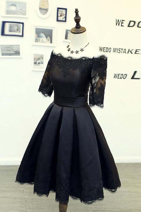 A-line Black Short Sleeves Homecoming Dresses With Lace Applique PD134 - Pgmdress