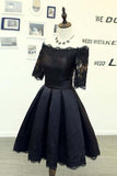 A-line Black Short Sleeves Homecoming Dresses With Lace Applique PD134 - Pgmdress