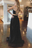 A-line Black Two Piece Spaghetti Straps Cross Back Long Prom Dress PG914 - Pgmdress