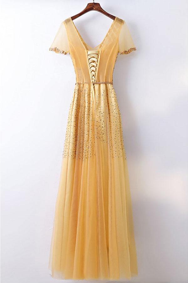 A-line Bling Bling Sparkly Gold Formal Prom Dress With Sleeves PG614 - Pgmdress