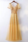 A-line Bling Bling Sparkly Gold Formal Prom Dress With Sleeves PG614