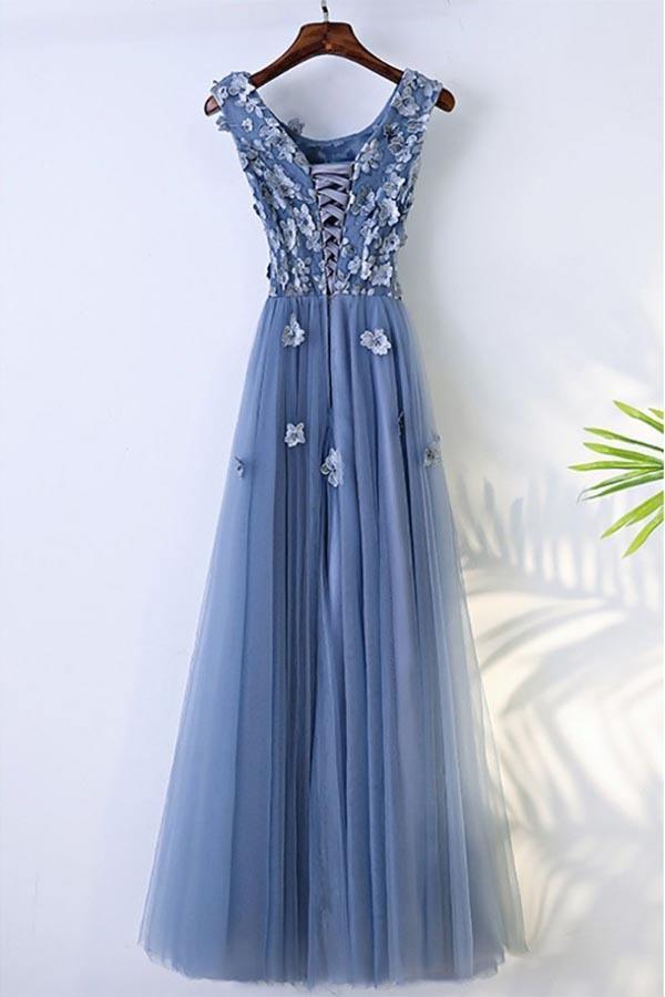 A-line Blue Flowy Prom Dress Long With Flower Petals PG631 - Pgmdress