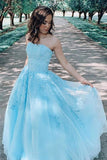 A-ligne bleu dentelle appliques longue robe de bal robe de soirée PSK196