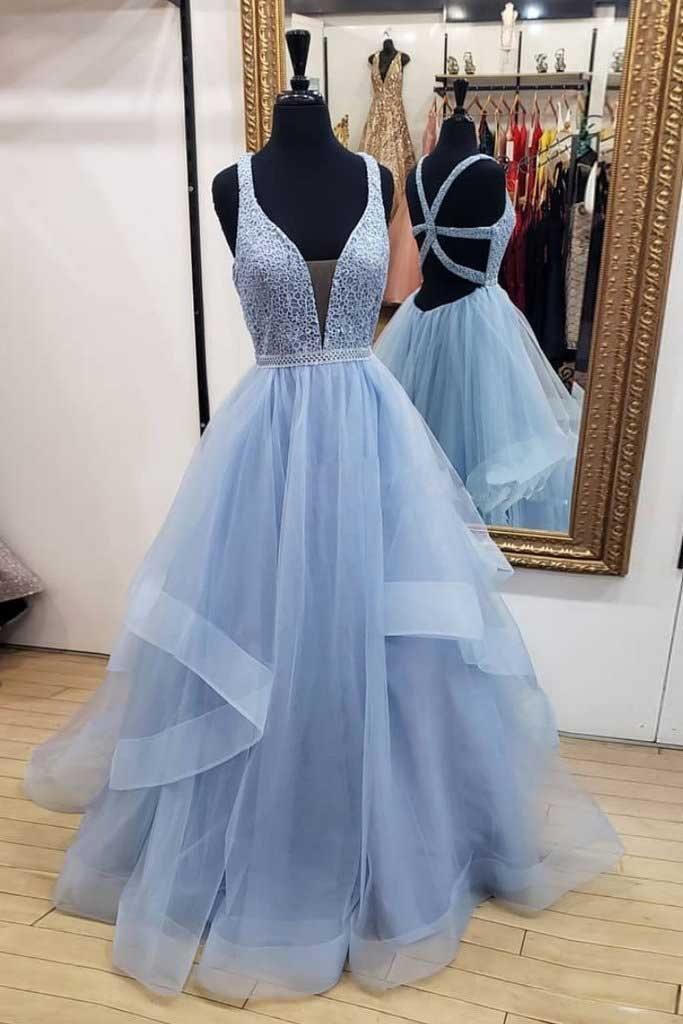 A-line Blue Long Prom Dresses Deep V Neck Tulle Party Dresses PG900 - Pgmdress
