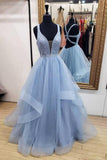 A-line Blue Long Prom Dresses Deep V Neck Tulle Party Dresses PG900
