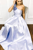 A-ligne bleu satin une épaule fleur longue robe de bal robe formelle PG967 