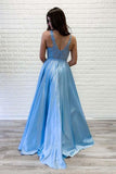 A-Line Blue Satin V-neck Lace Sleeveless Long Prom Dress PM228 - Pgmdress