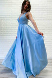 A-Line Blue Satin V-neck Lace Sleeveless Long Prom Dress PM228 - Pgmdress