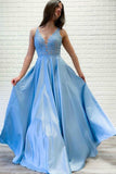 A-Line Blue Satin V-neck Lace Sleeveless Long Prom Dress PM228