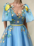 A Line Blue Tulle Floor-length Embroidery Prom Dresses With Pockets PG985 - Pgmdress