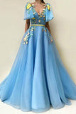 A Line Blue Tulle Floor-length Embroidery Prom Dresses With Pockets  PG985