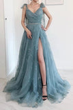 A-line Bow Tie Straps Party Dress Lace High Split Prom Dress PSK202