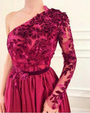 A Line Burgundy Applique Long Sleeve One Shoulder Prom Dresses With Split PG873 - Pgmdress