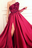 A Line Burgundy  Applique Long Sleeve One Shoulder Prom Dresses With Split  PG873