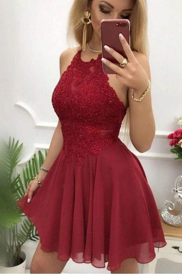 A-Line Burgundy Chiffon Halter Appliques Short Homecoming Dress PD399 - Pgmdress