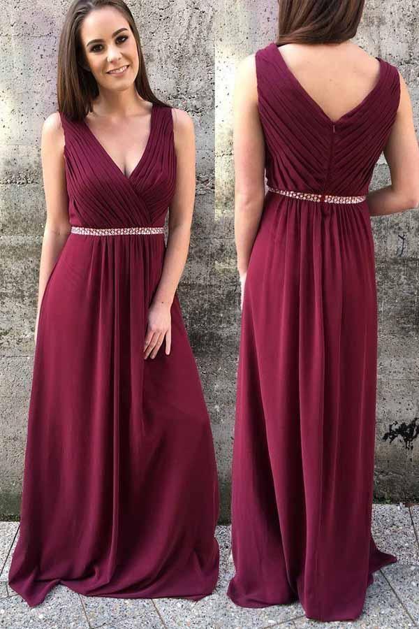 A-line Burgundy Chiffon Prom Dresses Cheap Long Bridesmaid Dresses BD059 - Pgmdress
