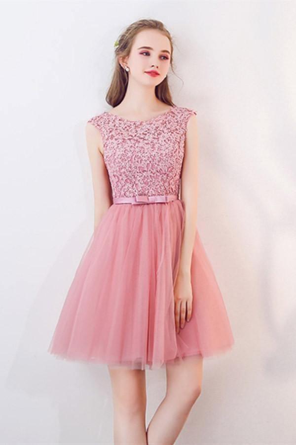 A-Line Cap Sleeves Appliques Bowknot Crystal Sashes Homecoming Dress PG154 - Pgmdress