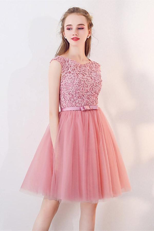 A-Line Cap Sleeves Appliques Bowknot Crystal Sashes Homecoming Dress PG154 - Pgmdress