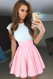 A-line Cap Sleeves Short Pearl Pink Chiffon Homecoming Dress with Lace PD092 - Pgmdress