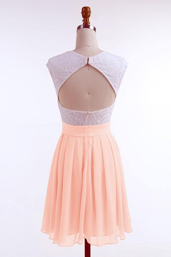 A-line Cap Sleeves Short Pearl Pink Chiffon Homecoming Dress with Lace PD092 - Pgmdress