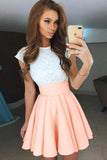 A-line Cap Sleeves Short Pearl Pink Chiffon Homecoming Dress with Lace PD092