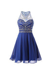 Une ligne en mousseline de soie bleu robes de bal robes de bal courtes PG090
