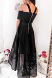 A-Line Cold Shoulder High Low Black Homecoming Dress with Lace PD054 - Pgmdress