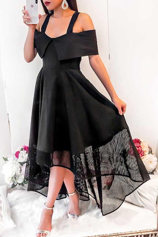 A-Line Cold Shoulder High Low Black Homecoming Dress with Lace PD054 - Pgmdress