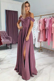 A-Line Cold Shoulder Purple Satin Prom Party Dress with Split PG681 - Pgmdress