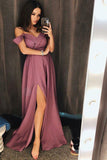 A-ligne Robe de soirée de bal en satin violet à épaules dénudées avec fente PG681 