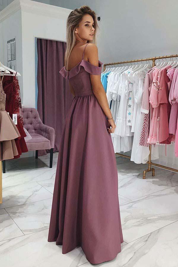 A-Line Cold Shoulder Purple Satin Prom Party Dress with Split PG681 - Pgmdress