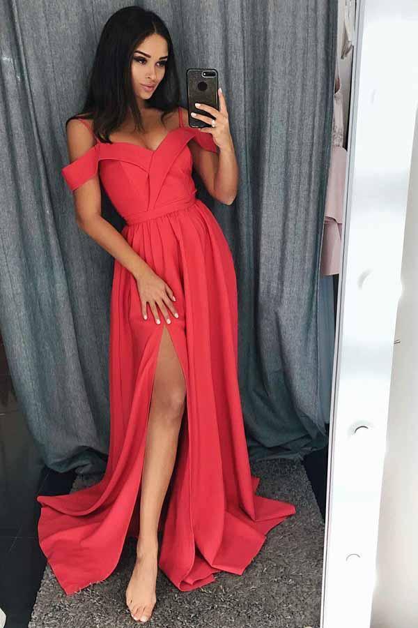 A-Line Cold Shoulder Red Satin Prom/Evening Dress with Split PG616 - Pgmdress