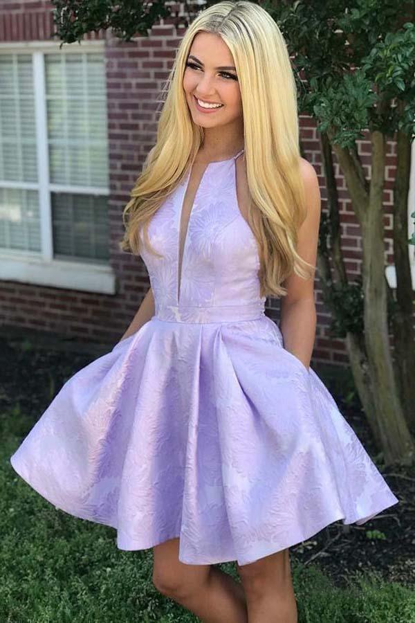 A-Line Crew Above-Knee Lilac Satin Homecoming Dress with Pockets PD271 - Pgmdress