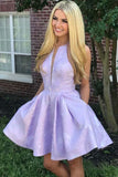 A-Line Crew Above-Knee Lilac Satin Homecoming Dress with Pockets  PD271