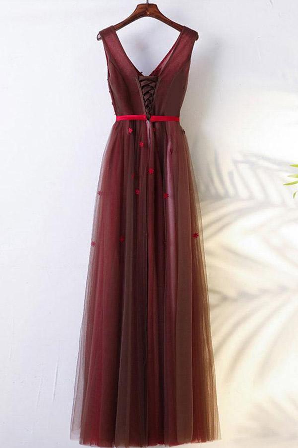 A-Line Crew Floor-Length Burgundy Tulle Belt Prom Dress with Appliques PG702 - Pgmdress